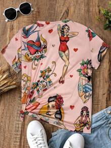 Women's Short Sleeve Round Neck Knit Fabric Regular Length T-Shirt, Unique Printed Pattern, High Elasticity Regular Hem - Pink - View 3