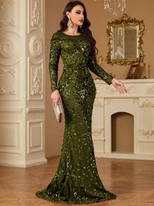 hezixi Plus Size Women's Spring/Summer High-Quality Elastic Sequin , Very Comfortable To Wear, Suitable For Different Body Wear, Formal, Party Dress, Gown, For Evening, Wedding Guest - Olive Green - View 4