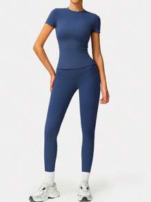 2pcs Women Soft Moisture Wicking Crew Neck Short Sleeve Top And Elastic Yoga Sports Pants