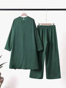 Women Arabian Asymmetrical Hem Long Sleeve Tunic And Pants Set, Modest - Green - View 2