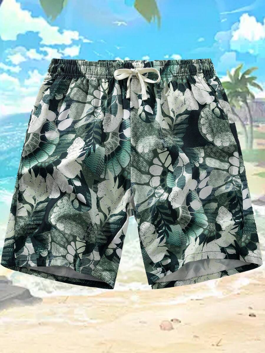 Pantalones cortos de playa de verano casuales y a la moda con estampado de plantas para hombres