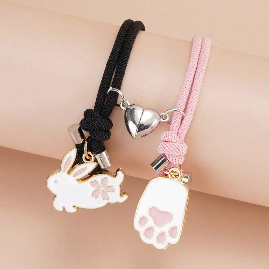 Pulseras a juego con dijes de conejito, 2 piezas, lindas pulseras de  con forma de corazón ajustables de Pascua para parejas. - Negro y rosa - Ver 1