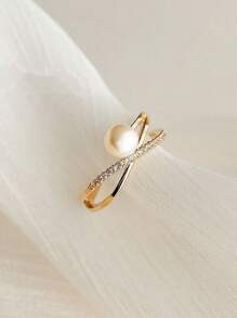 BALMORA 1 pieza Anillo abierto de plata de ley 925 con zirconita y cruz perla, un regalo sencillo y creativo para el Día de la Madre