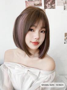 1 片合成耐热直发短发多色假发，带刘海，长度 14，纤维时尚假发，自然逼真假发。 - 彩色 - 查看 3