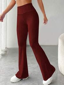 Women's Casual High Waist Slimming Elastic Waist Tummy Control Flared Leg Long Pants - Burgundy - View 1