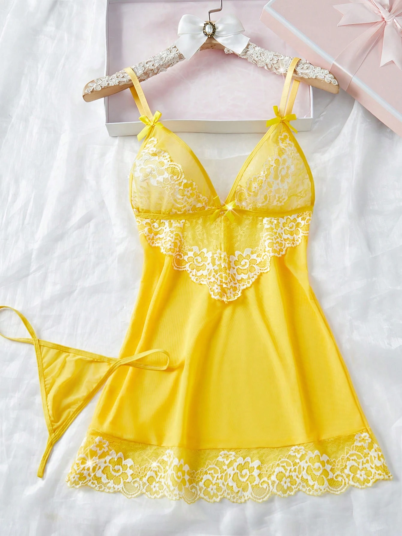 Women Sexy Lingerie Lace Babydoll Thong Nightgown Revealing Hollow Out Sleepwear