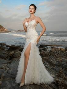 Vestido de novia de sirena con aplicaciones de encaje, escote pronunciado en V y patchwork, vestido de cóctel elegante para la novia