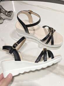 Teens' Platform Peep Toe Strap Sandals, Breathable Metal Decor Lightweight Big Kids Casual Daily Wear Girls Sandals