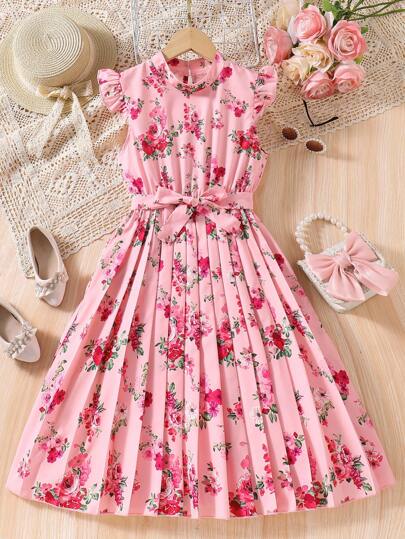 Tween Girl Cap Sleeve Pleated Hem Floral Print Dress
