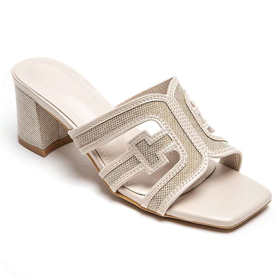 Mules à Talon Carré avec Découpe Géométrique et Tissage Élégant - 米色 - 查看 1