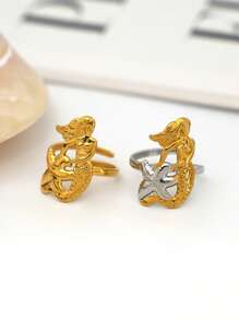 Frminee 1PC/2PCS 夏季海洋可爱美人鱼不锈钢开口戒指，海洋保护，时尚珠宝，适合女士和女孩，海滨度假，约会，好朋友的礼物 - 彩色 - 查看 8