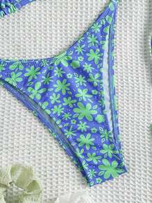 Floral Print Strappy Halter Bikini Set, Sexy European & American Style - Blue - View 4