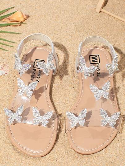 女童夏季凉鞋，蝴蝶装饰，圆头平底露趾公主罗马鞋，适合户外、购物、海滩旅行