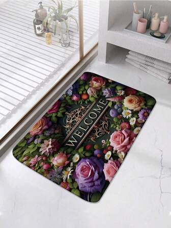 1 件玫瑰花卉复古欧式浴室地垫，现代简约欢迎长方形加厚防滑浴垫，室内装饰地毯，吸水防滑入口门垫，适用于客厅、卧室、厨房、洗衣房家庭浴室装饰浴室地毯户外地毯门垫秋季装饰入口装饰