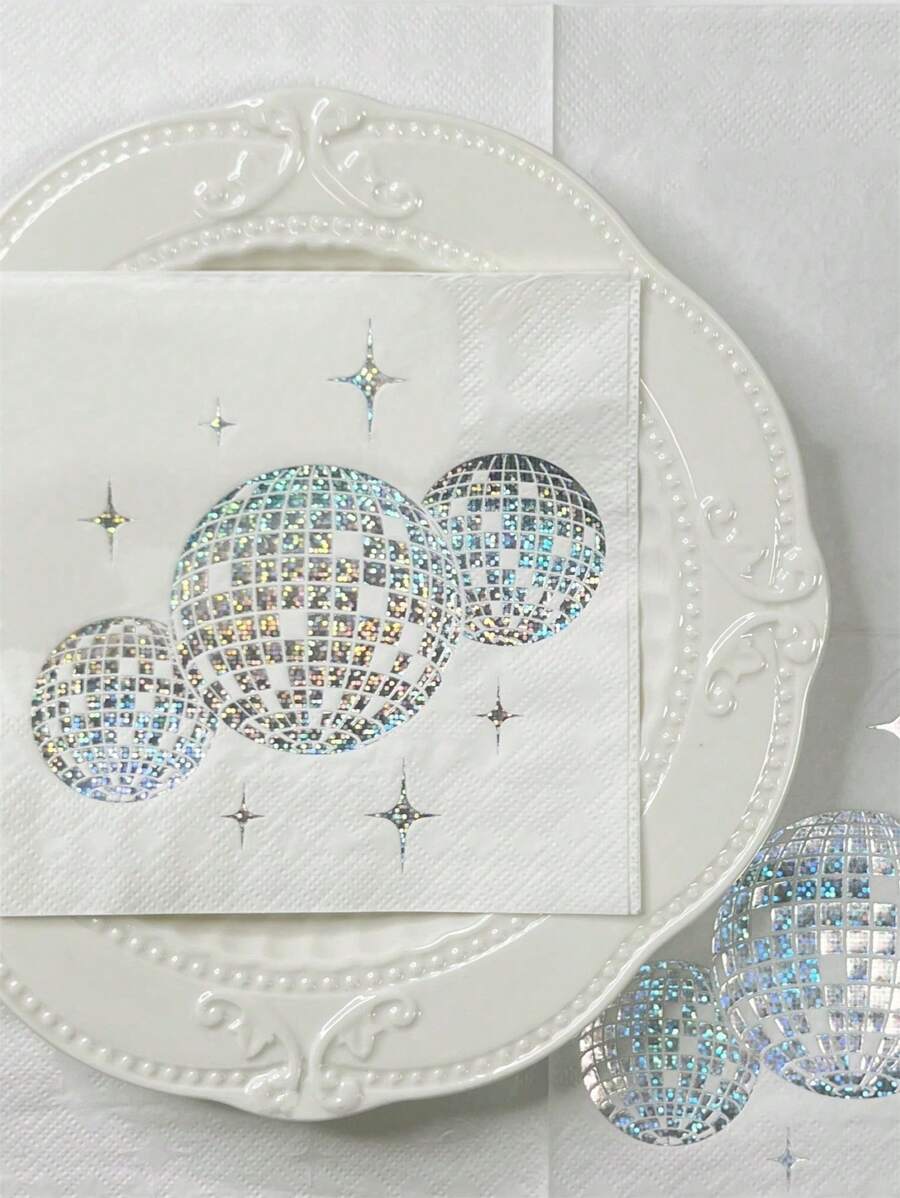 30pcs/20pcs/10pcs/1pc Disco Ball Patterned Disposable Napkins, Modern Ball Design Paper Napkins, Foil Embossed Disco Cocktail Napkins For 70s, 80s, 90s Themed Parties, Suitable For Engagement, Birthday, Graduation, Bridal Shower, Fall Decor, Halloween, Christmas - Silver - View 1