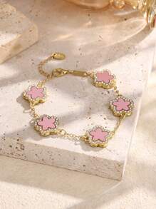 1 件时尚不锈钢编织手链首饰套装，适合女性日常佩戴 - 粉色 - 查看 8