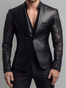 Men's Lapel Neck Lace Patchwork Leather Jacket - Black - View 1