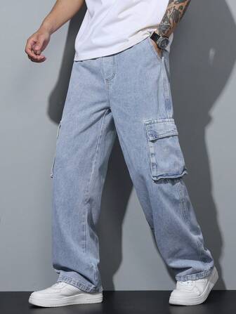 Loose Straight Multi-Pocket Denim Cargo Pants, Elastic Waist Vintage Washed Cargo Trousers