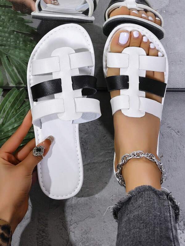 New Fashion Women Flat Sandals Slippers, Multi-Strap Color Block Open Toe Anti-Slip Slides For Outdoor And Indoor, Black, White, Brown, Coffee, Beige Colours