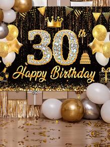 1 Stück glitzerndes schwarz-goldenes "Happy Birthday" Hintergrundtuch, 30./40./50./60./70. Geburtstags-Party-Zubehör, strapazierfähiger Polyester-Hintergrund, Krone Ballon Flaggen Design, Geburtstags-Party Hintergrunddekor zum Aufhängen, Festivalwand-Dekoration, Partyfotografie-Requisiten, Heimdekoration