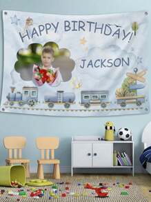 1pc Customized Multi-Sized Photos & Name Birthday Background Banner, Personalized Happy Birthday Photo Backdrop, Decor For Baby Shower Birthday Party, Boy&Girl Birthday Party