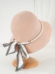 1 件女士珍珠丝带草编渔夫帽、遮阳帽，适合休闲、派对、户外场合 - 米色 - 查看 9