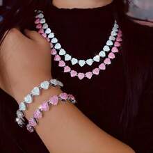 1 件嘻哈心形迈阿密项链和手链套装 - 全镶嵌，非常适合日常佩戴、节日、情人节、朋友和情侣情人节、妈妈、母亲、母亲节、礼物 - 兩件套 - 查看 9