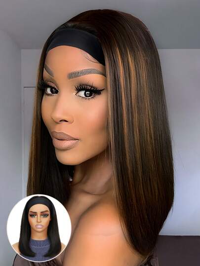 Pelucas con diadema de 14 pulgadas para mujeres, peluca sintética recta resistente al calor y sin pegamento de mezcla marrón ombre con diadema para uso diario y en fiestas