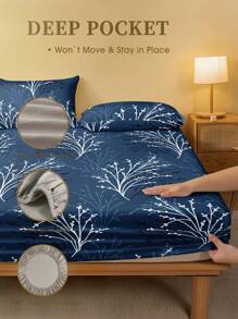 2/3pcs Navy Blue Leaf & Floral Pattern Bedding Set (Excluding Filler), Bedroom Fitted Sheet Set, Made Of Microfiber, Breathable & Comfortable, Includes 1 Mattress Cover And 1/2 Pillowcases, Available In Oversized, King, Queen, Twin Sizes, Deep Pocket Design Up To 11.8 Inches, Wrinkle-Resistant, Improves Sleep Quality, Machine Washable, Suitable For Dorms, Back To School Season, Etc. - Navy Blue - View 5