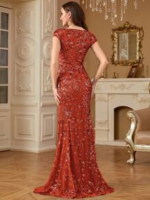 hezixi Đầm dạ hội sang trọng đính sequin lấp lánh, kiểu đuôi cá dài, đầm dự tiệc cưới, cocktail cao cấp, phù hợp cho khách mời dự đám cưới. - Màu Cam cháy - Xem 3