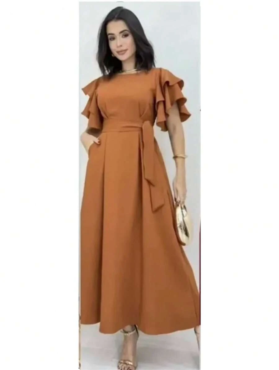 Duna Women's Long Midi Dress In Linen With Ruffle Sleeves And Belt - Camel - View 1