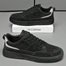 （建议选大一码）男士纯灰色系带滑板鞋，简约圆头厚底高帮运动鞋 - 黑色 - 查看 9