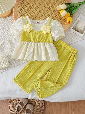 2 件装婴儿/女婴 3D 花卉圆领上衣 + 纯色简约百搭裤套装