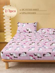2/3pcs /Set Pink Unicorn Horse Pattern Fitted Sheet Set Without Filler, Fitted Sheet Set For Bedroom Brushed Microfiber Breathable Comfortable 1pc Mattress Cover With 1/2pcs Pillowcase, Bed Cover Set King Queen Full Twin Size Fitted Sheet Set For Bedroom Brushed Microfiber Breathable Comfortable Sheet Bedspread Deep Pocket Up To 11.8 Inch Breathable Wrinkle-Free Better For Sleep, Machine Washable Domitory Bedding Back School Bedding - Pink - View 2