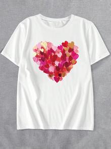 DEAR MOLLY Plus Size Women Heart Print Loose Fit Round Neck Short Sleeve T-Shirt, Suitable For Family Party, Outdoor, All Seasons