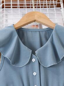 Elegant Loose Fit Ruffle Trim Button Up Jumpsuit For Girl, Summer Gift - Blue - View 5