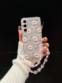 Flower 1pc 粉色清新花卉蝴蝶结透明防震手机壳带挂绳，兼容三星 Galaxy A54 5G、A52、A14、A15、A12、S22、S21、A33 5G、A50、S24、S23 系列，适合男女作为礼物