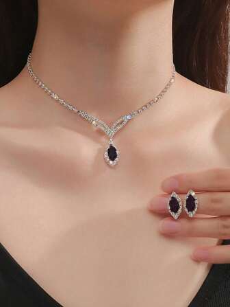 1 Set Cubic Zirconia Tassel Necklace And Earrings Jewelry Set, For Brides Wedding Gowns