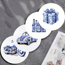 4pcs Blue And White Porcelain Flower, Animal, Car Printed Wooden Cup Coasters, Heat Insulation Coasters For Tea Cup, Coffee And Beverage Cup, Ideal Home And Restaurant Decor, Collectible Wooden Coasters - Multicolor - View 4