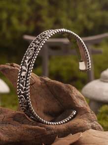 1pc Vintage Adjustable Skull & Rose Floral Engraved Bangle Bracelet, Rocks/Casual Style For Men