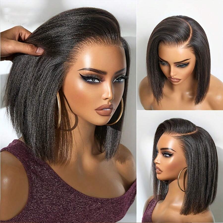 250 Density BOB Kinky Straight Wigs Edge Baby Hair 13x4 HD Lace Front Wigs Human Hair For Yaki Straight Human Hair Pre Plucked Wig Glueless 5x5 4x4 Glueless Wigs - 黑色 - 查看 1