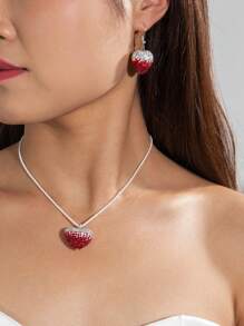 1 Necklace + 1 Pair Earrings Jewelry Set, Fashion Elegant Multicolor Glass Rhinestone Heart Pendant & Furry Chain Copper Jewelry Set, Suitable For Weddings, Parties, Gifts (Varying Rhinestone Size And Quantity)