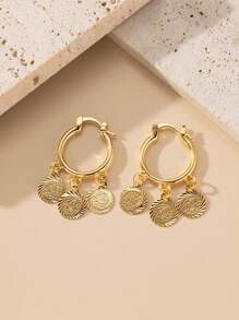 Herseygold 1 Pair Gold-Plated Copper Coin Pendant Hoop Earrings, Fashion Earrings For Women, Arabian Wedding Jewelry