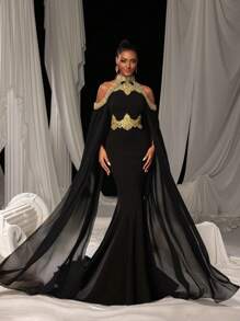 复古浪漫美人鱼礼服，金色蕾丝刺绣和戏剧性雪纺斗篷袖 | 适合黑色领带活动、戛纳电影节红地毯或皇家庆典派对的优雅礼服 - 黑色 - 查看 4