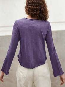 tooluck Womens Crew Neck Solid Lettuce Trim Trumpet Sleeve Tee - Purple - View 2