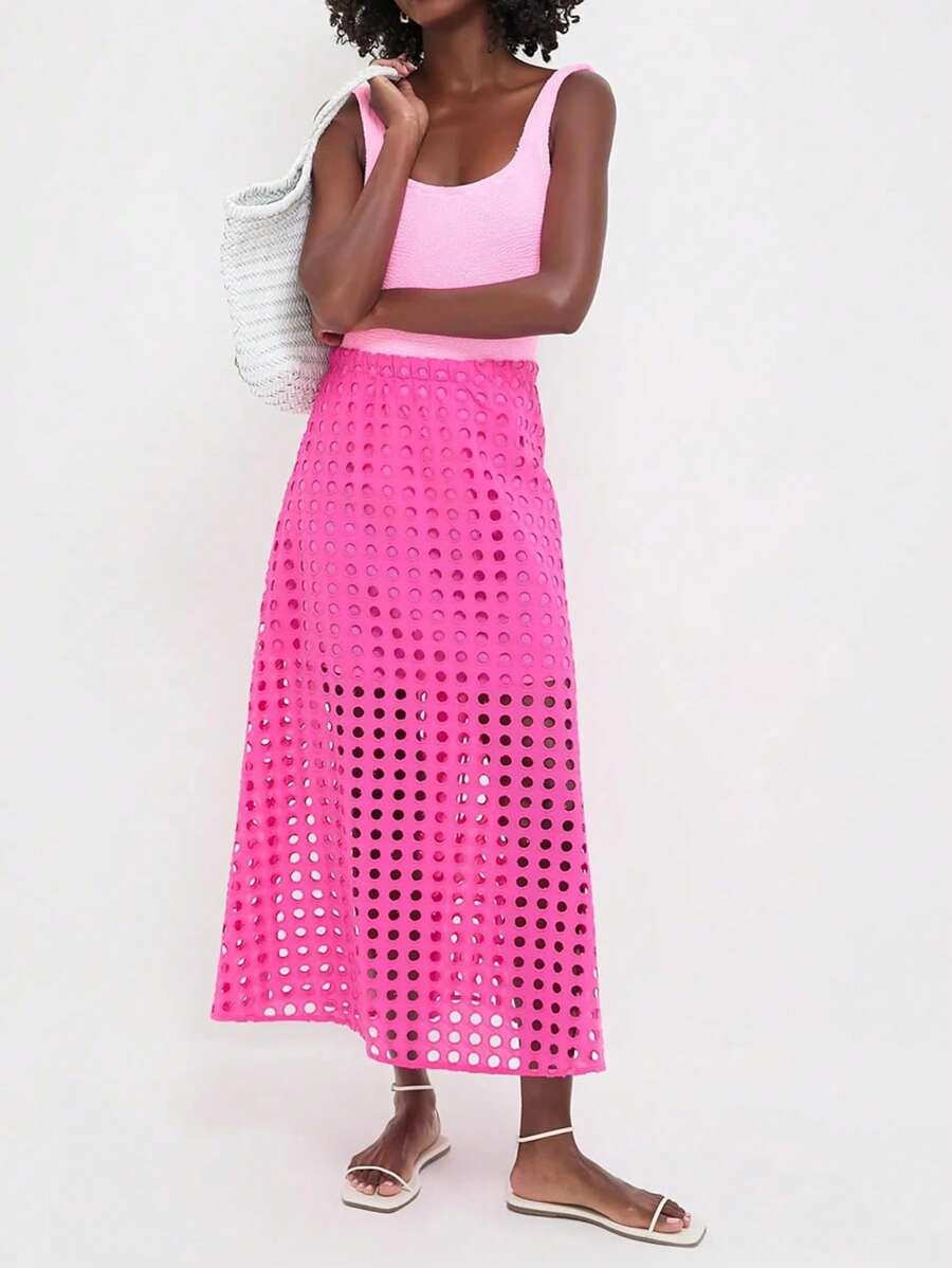 Summer Casual Long Skirt For Women Cotton Eyelet Beach Maxi Skirt With Underneath - 粉色 - 查看 1