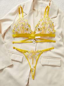 New Floral Embroidered Mesh Women Lingerie Set, Wireless Padless Triangle Bra And Panty, Sexy See-Through, Adjustable, Intimate Bedroom Set - Yellow - View 5