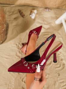 9cm Pointed Toe Elegant Stiletto High Heel Women Dress Shoes With Multiple Strap Buckle, Mirror PU Material, Wine Red, Suitable For Daily Wear And Parties