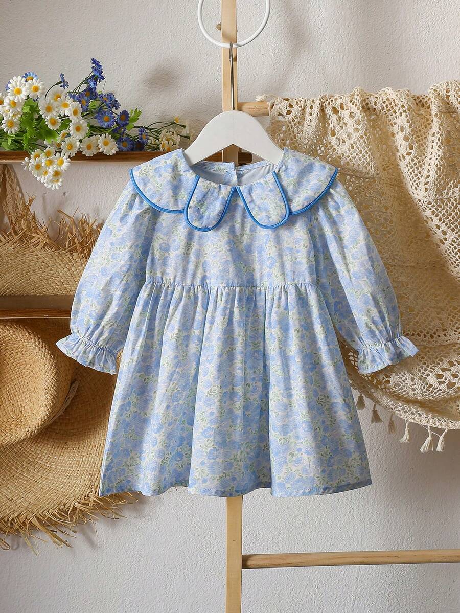 女童碎花花瓣领连衣裙，优雅甜美风格，适合幼儿和小女孩，春秋季外出、生日/派对穿着。 - 藍色 - 查看 1