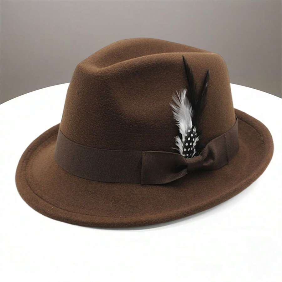 Men Felt Fedora Hat Vintage Short Brim Trilby Hat Lightweight Panama Hat With Feather - Màu nâu - Xem 1